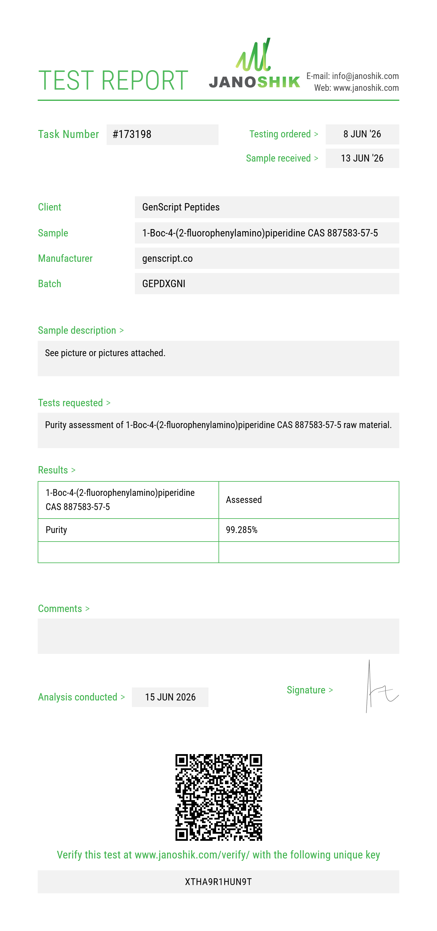 1-Boc-4-(2-fluorophenylamino)piperidine CAS 887583-57-5 Purity (HPLC) report by Janoshik Analytical