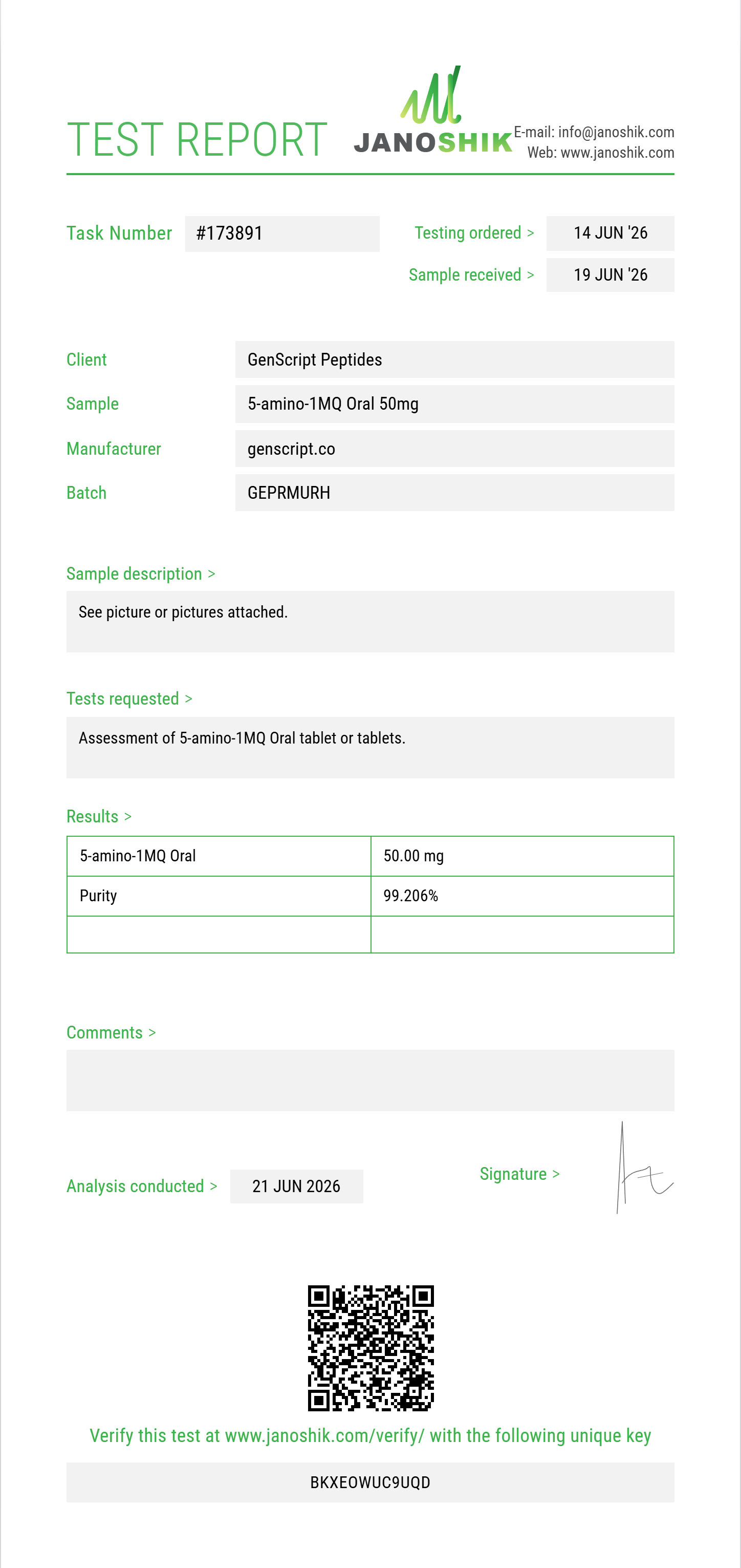 5-amino-1MQ Oral Purity (HPLC) report by Janoshik Analytical