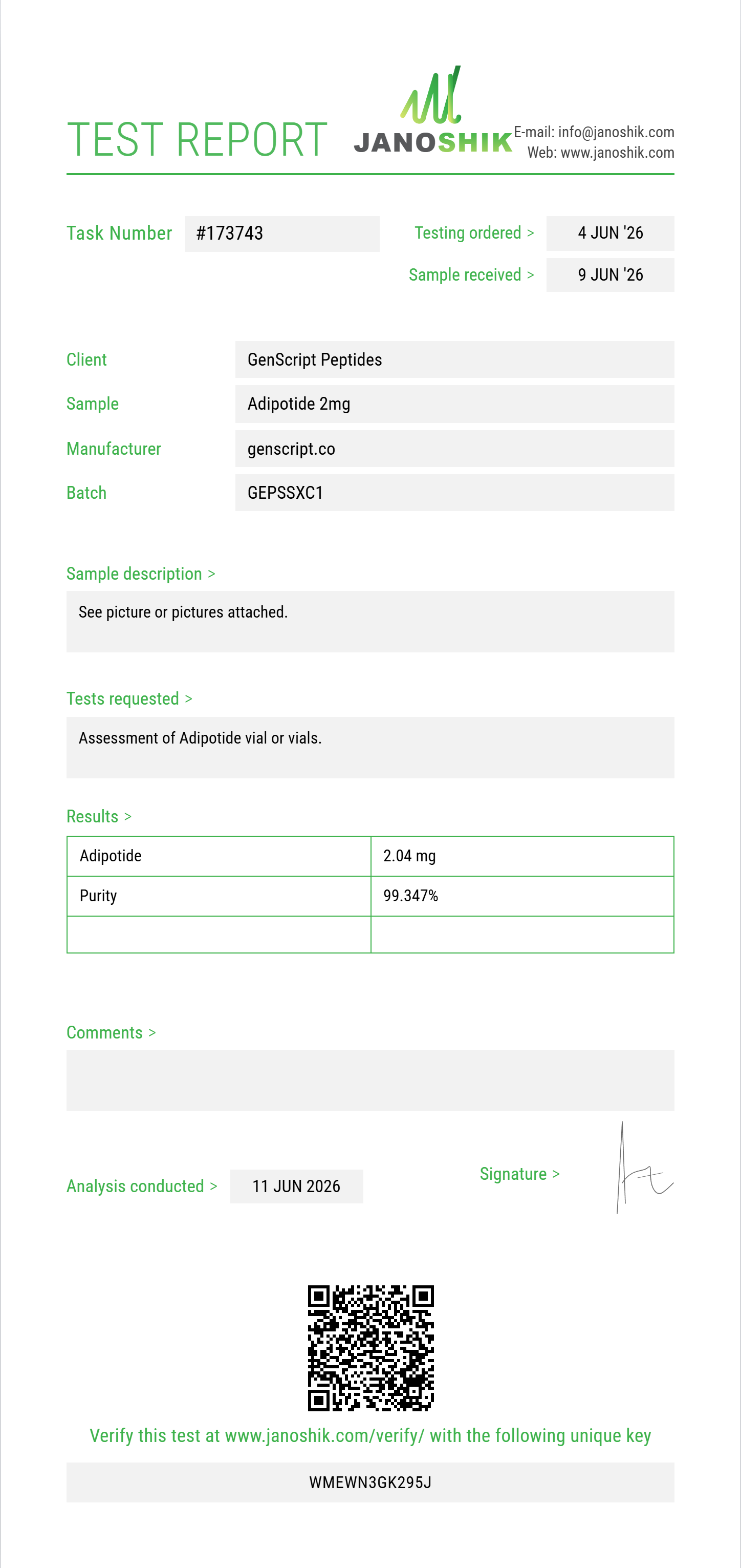 Adipotide Purity (HPLC) report by Janoshik Analytical