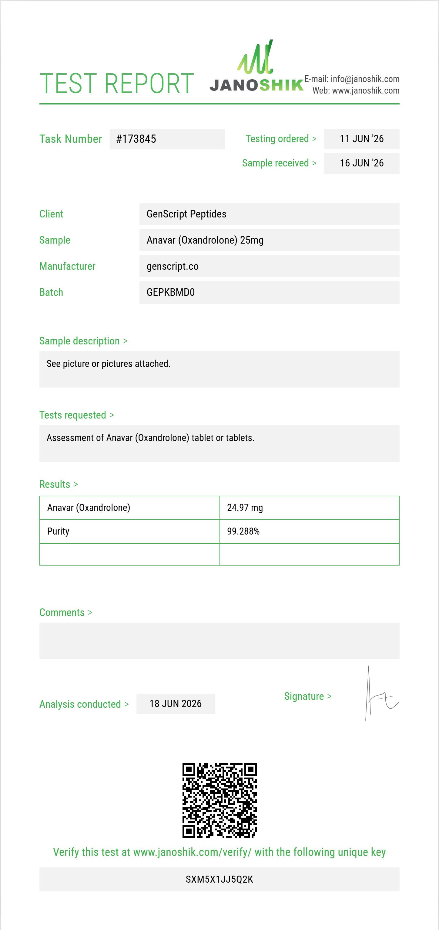 Anavar (Oxandrolone) Purity (HPLC) report by Janoshik Analytical