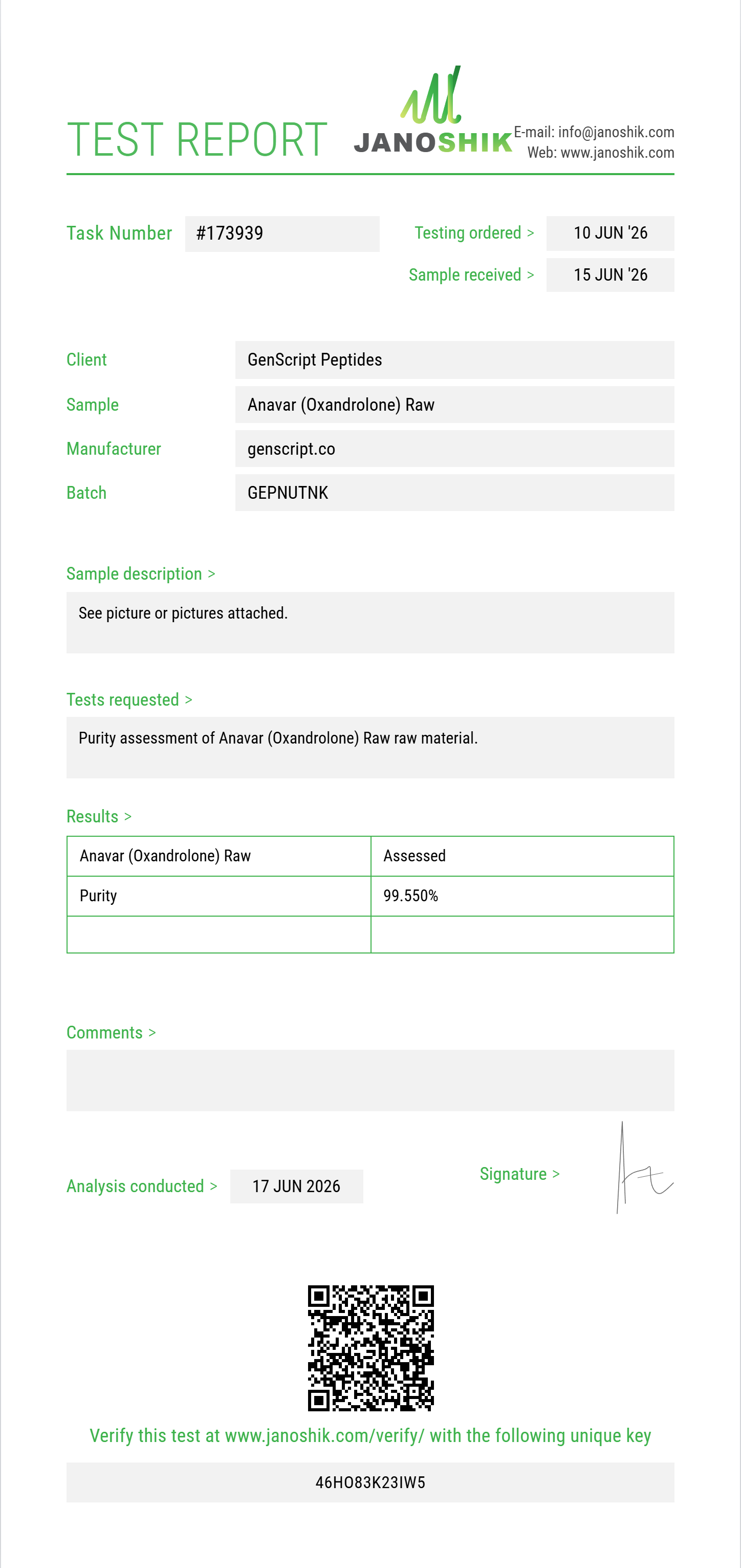Anavar (Oxandrolone) Raw Purity (HPLC) report by Janoshik Analytical