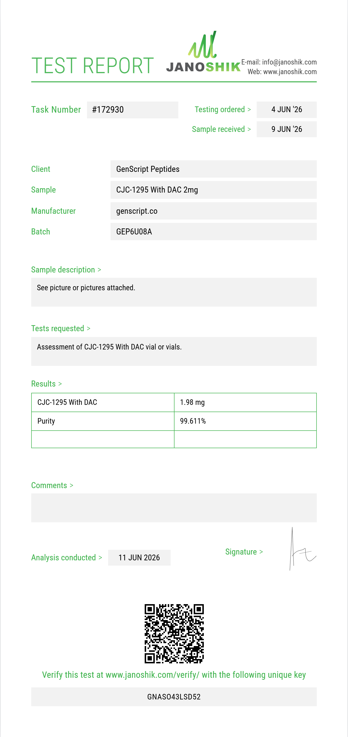 CJC-1295 With DAC Purity (HPLC) report by Janoshik Analytical
