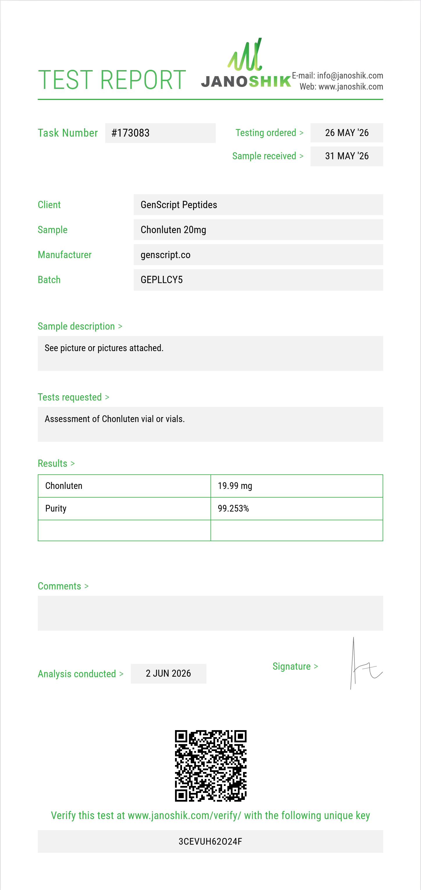 Chonluten Purity (HPLC) report by Janoshik Analytical