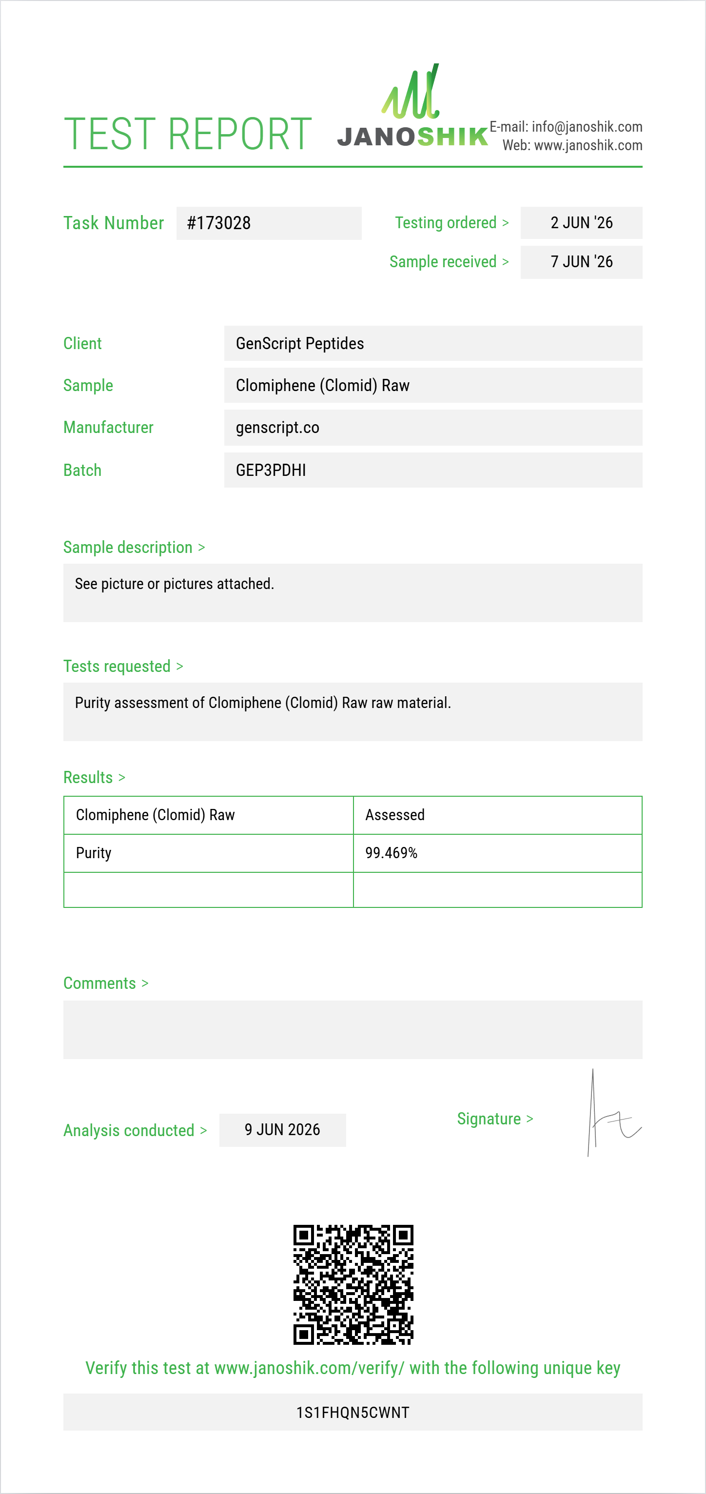 Clomiphene (Clomid) Raw Purity (HPLC) report by Janoshik Analytical
