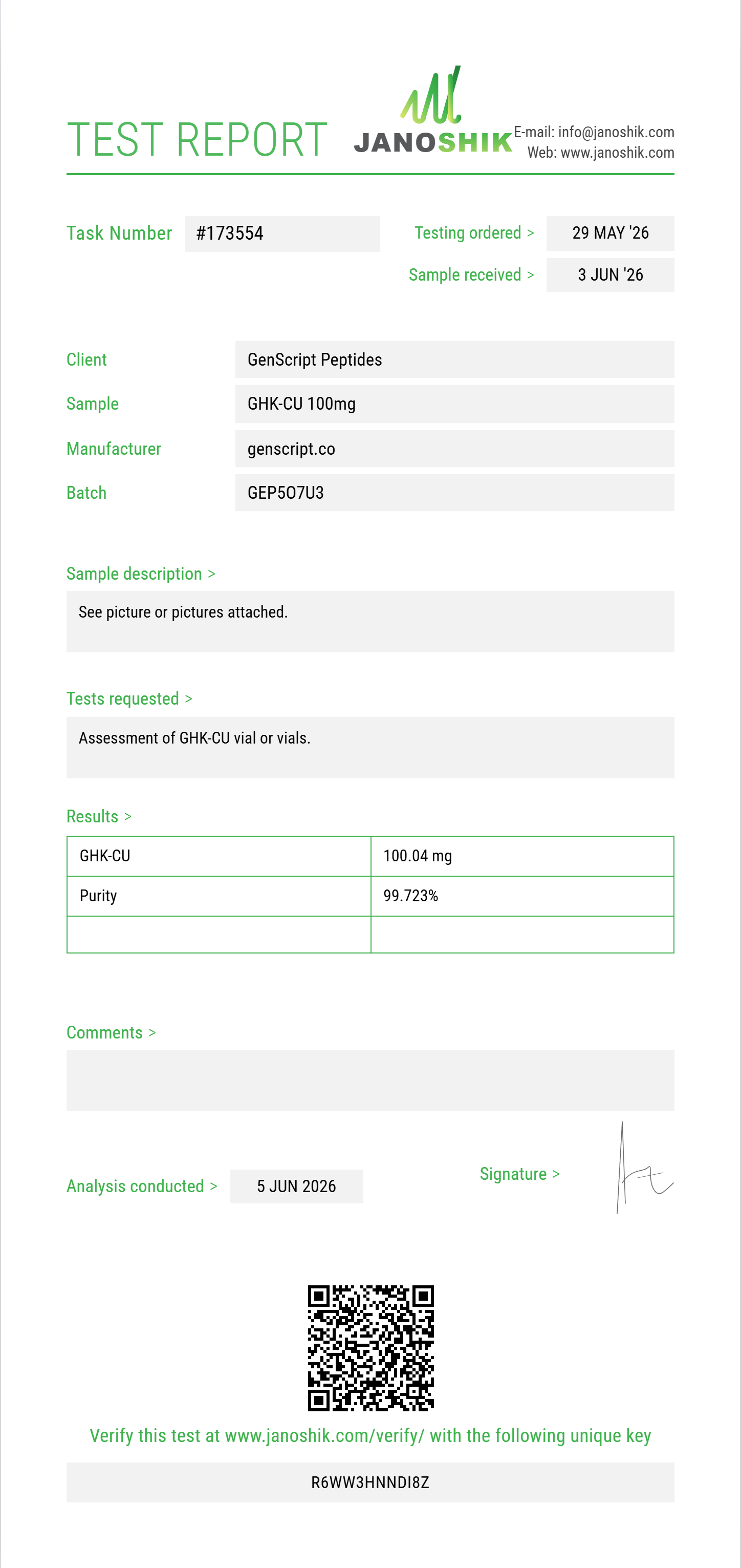 GHK-CU Purity (HPLC) report by Janoshik Analytical