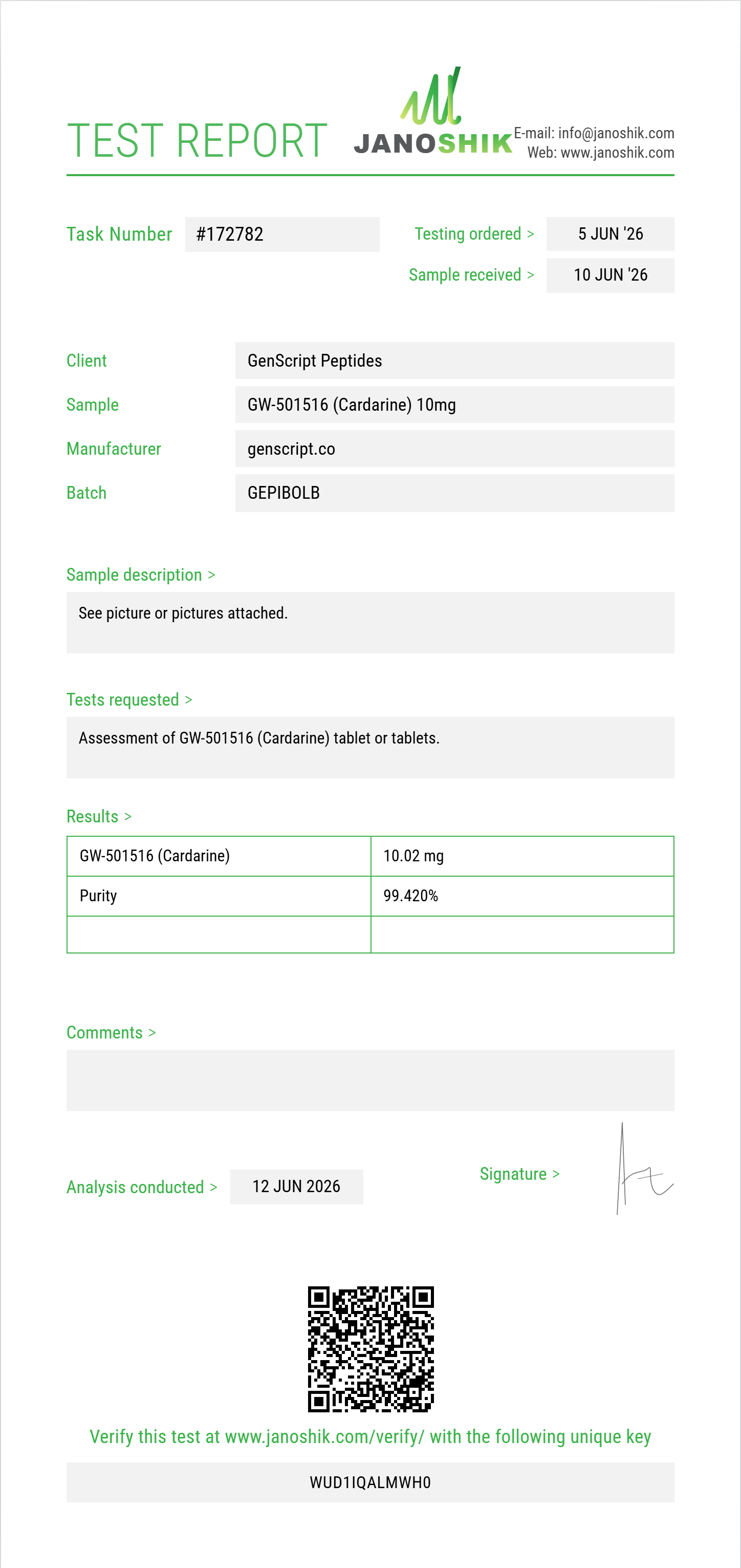 GW-501516 (Cardarine) Purity (HPLC) report by Janoshik Analytical