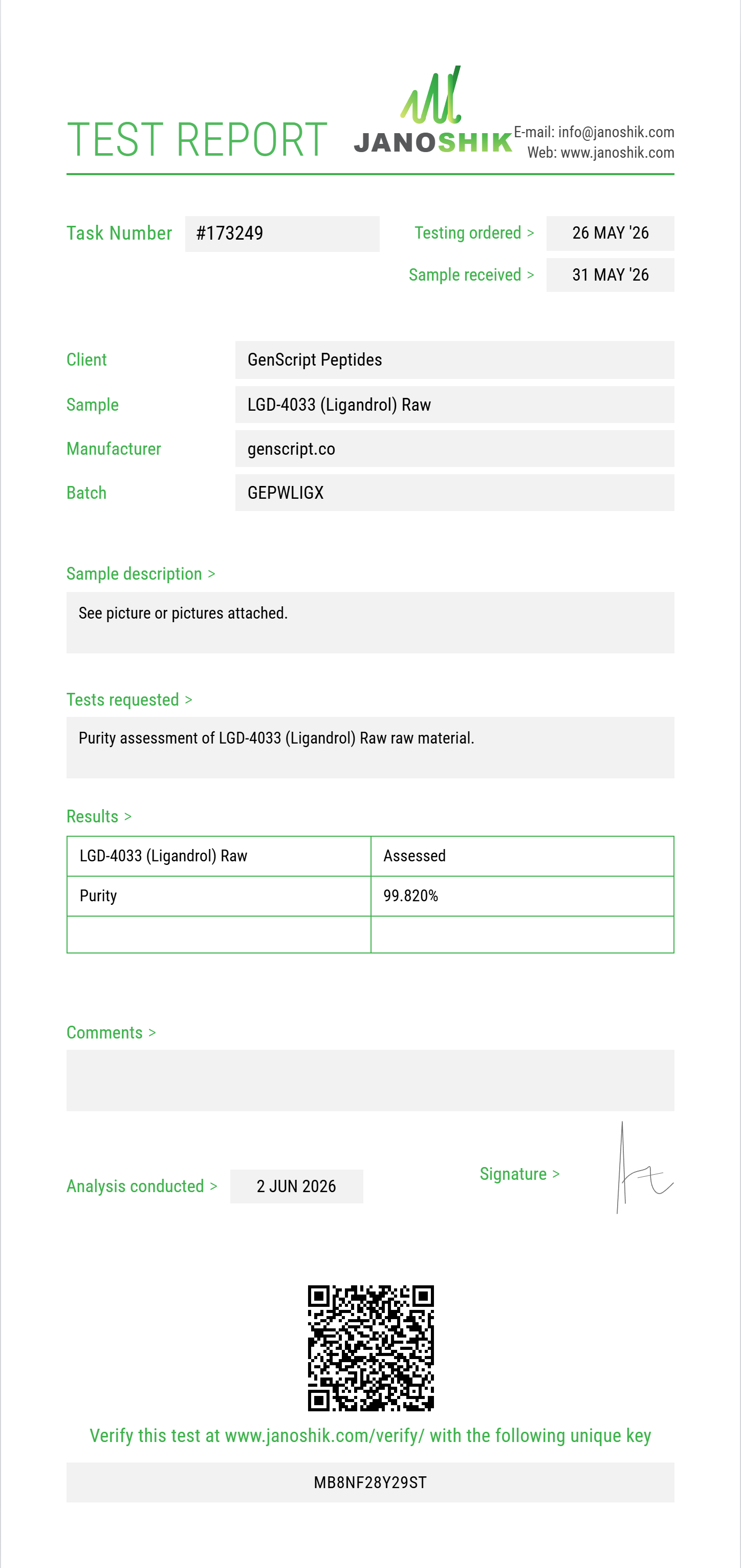LGD-4033 (Ligandrol) Raw Purity (HPLC) report by Janoshik Analytical