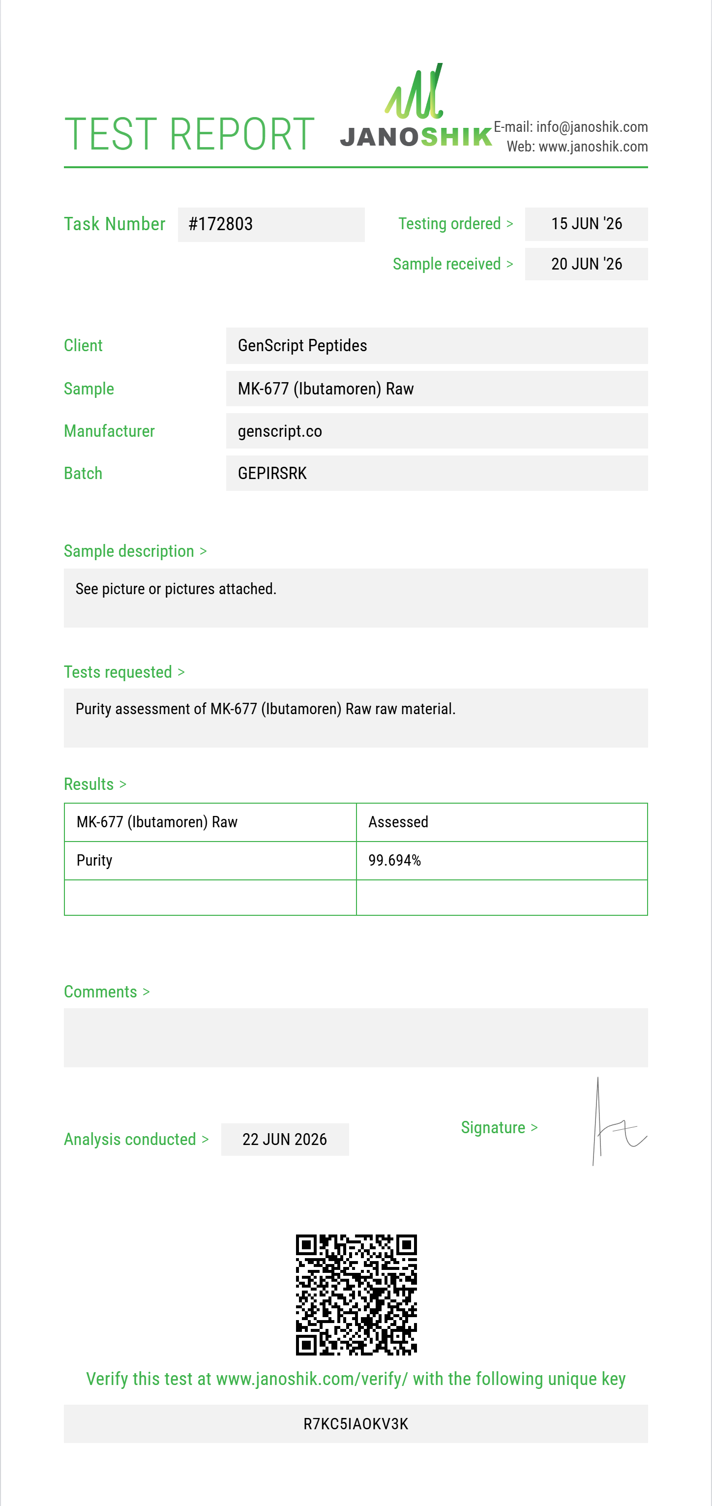 MK-677 (Ibutamoren) Raw Purity (HPLC) report by Janoshik Analytical