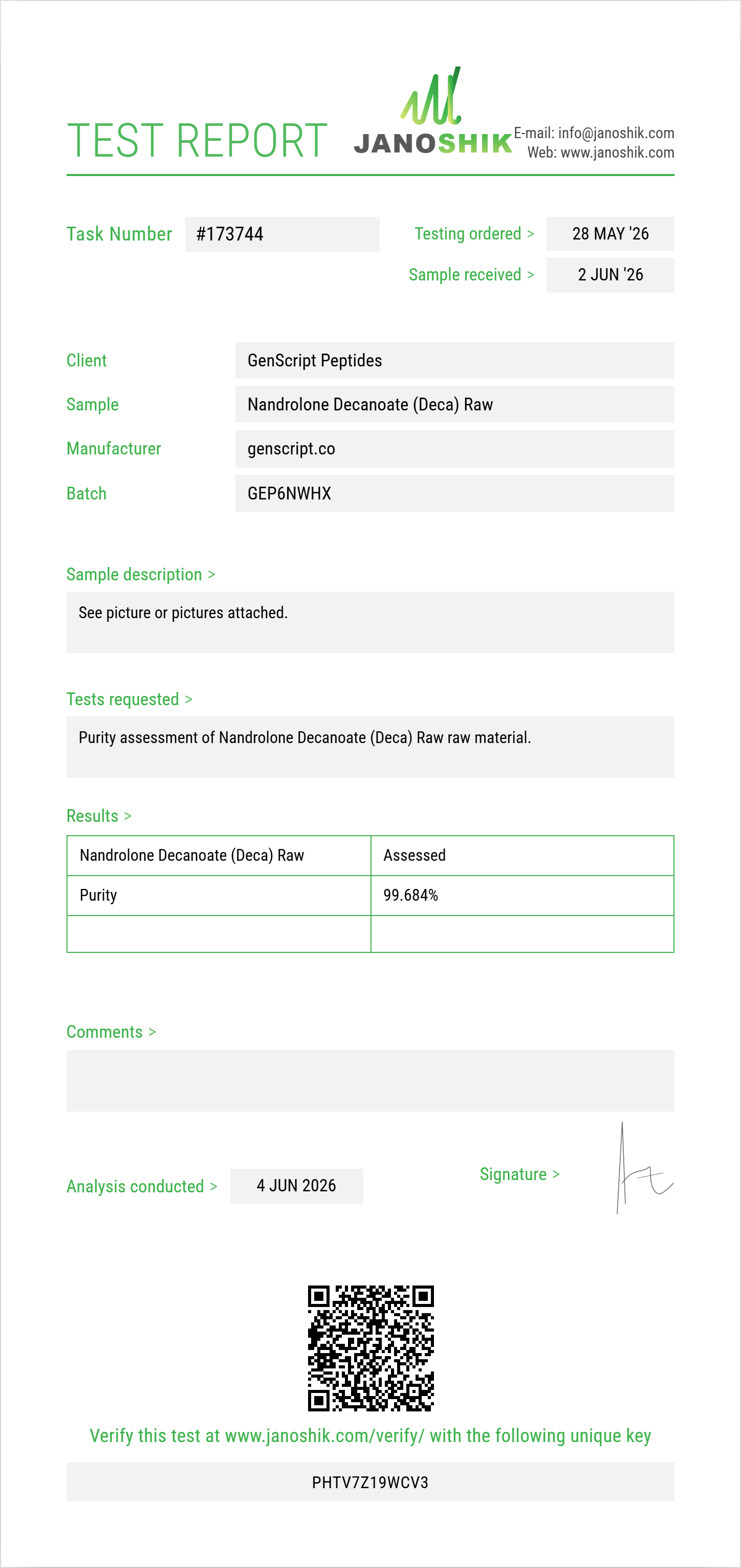 Nandrolone Decanoate (Deca) Raw Purity (HPLC) report by Janoshik Analytical