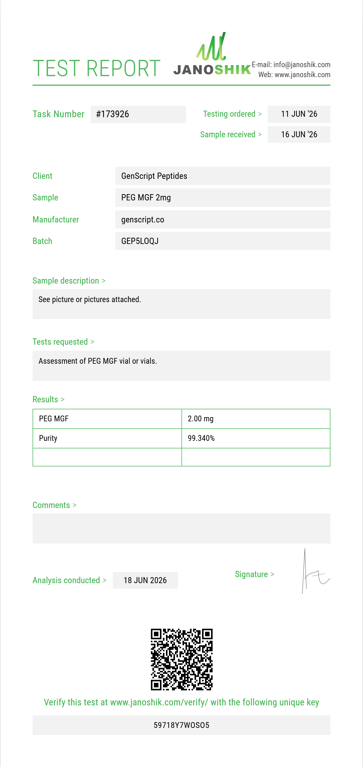 PEG MGF Purity (HPLC) report by Janoshik Analytical