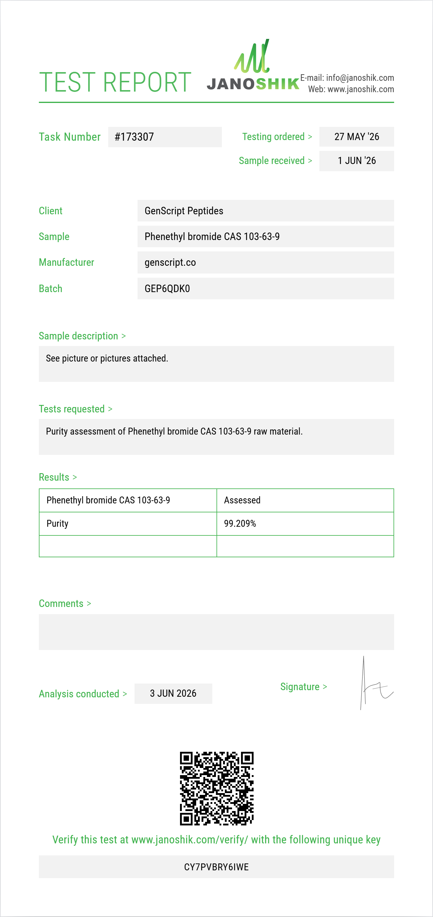 Phenethyl bromide (2-bromoethylbenzene) CAS 103-63-9 Purity (HPLC) report by Janoshik Analytical