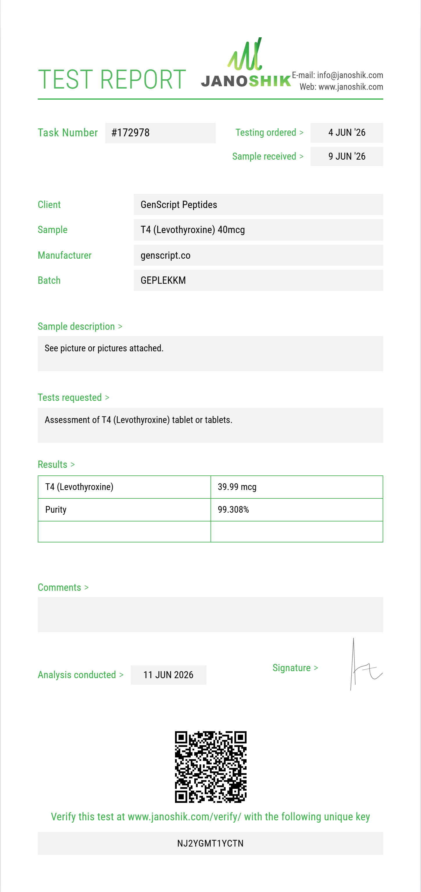 T4 (Levothyroxine) Purity (HPLC) report by Janoshik Analytical