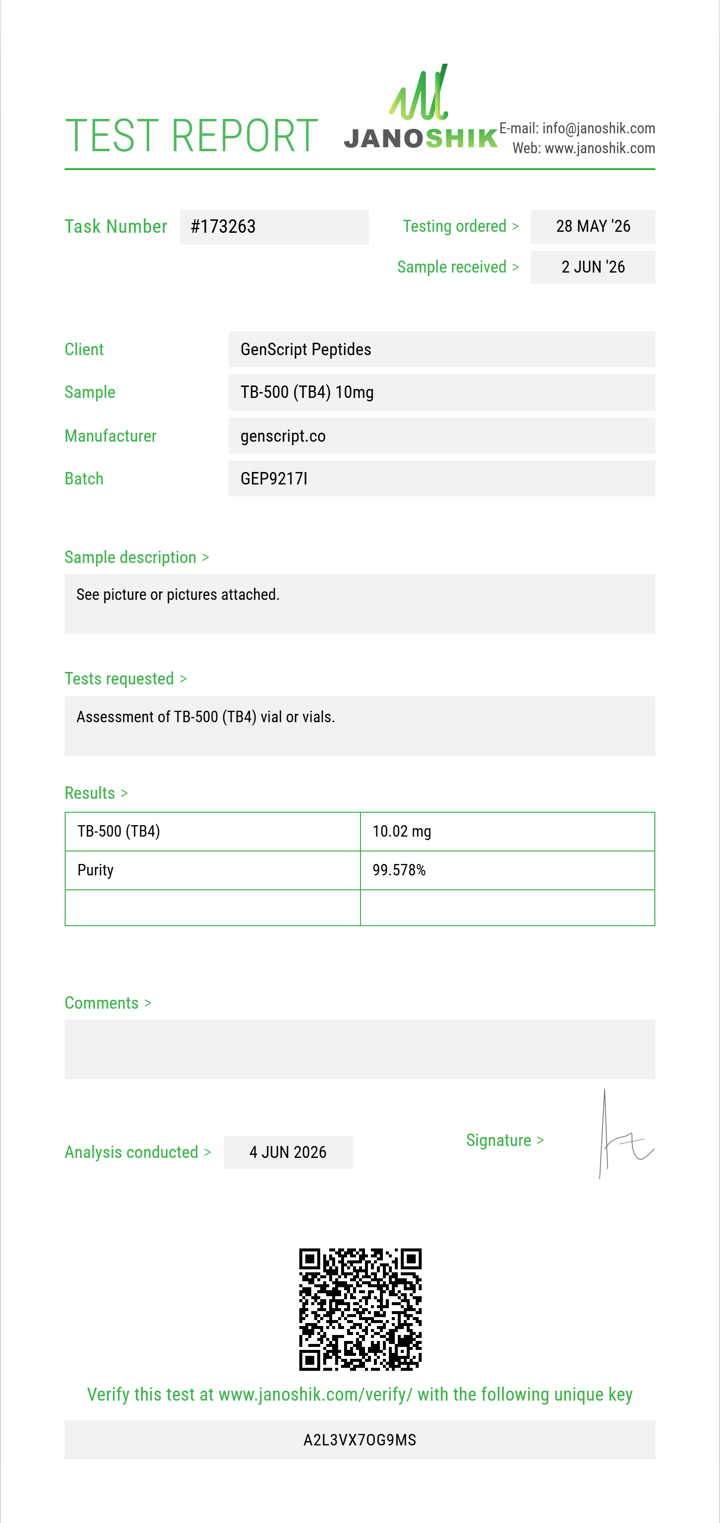 TB-500 (TB4) Purity (HPLC) report by Janoshik Analytical