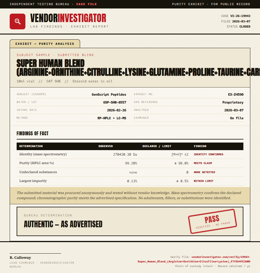 Super Human Blend (Arginine+Ornithine+Citrulline+Lysine+Glutamine+Proline+Taurine+Carnitine+NAC) Purity (HPLC) report by VendorInvestigator