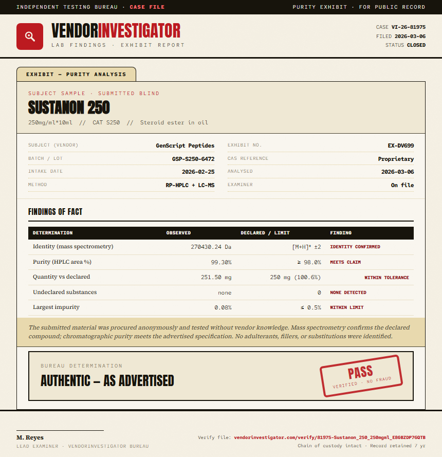 Sustanon 250 Purity (HPLC) report by VendorInvestigator